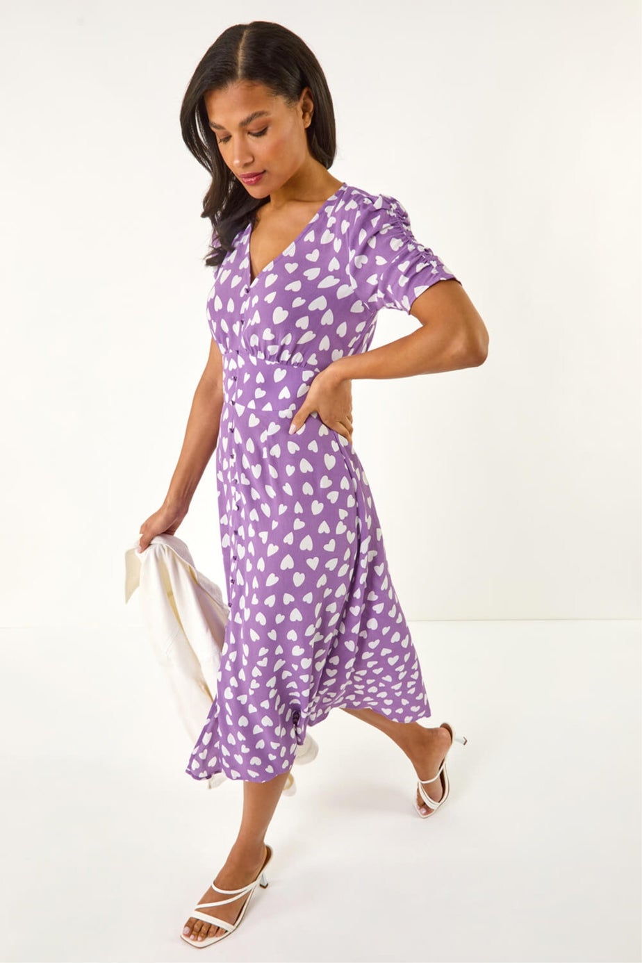 Roman Lilac Heart Print Ruched Midi Dress