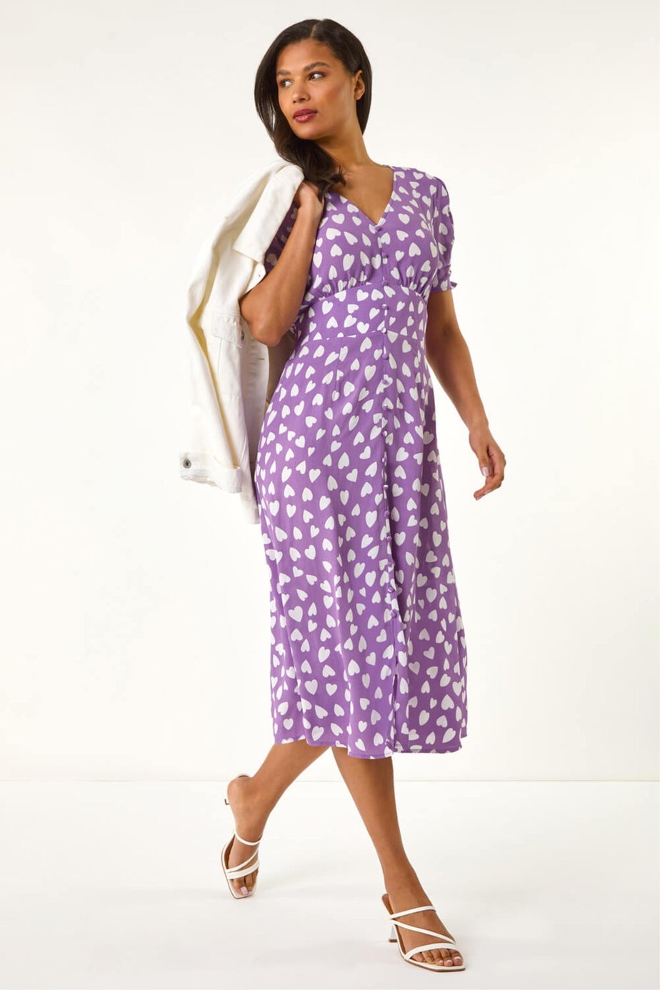 Roman Lilac Heart Print Ruched Midi Dress