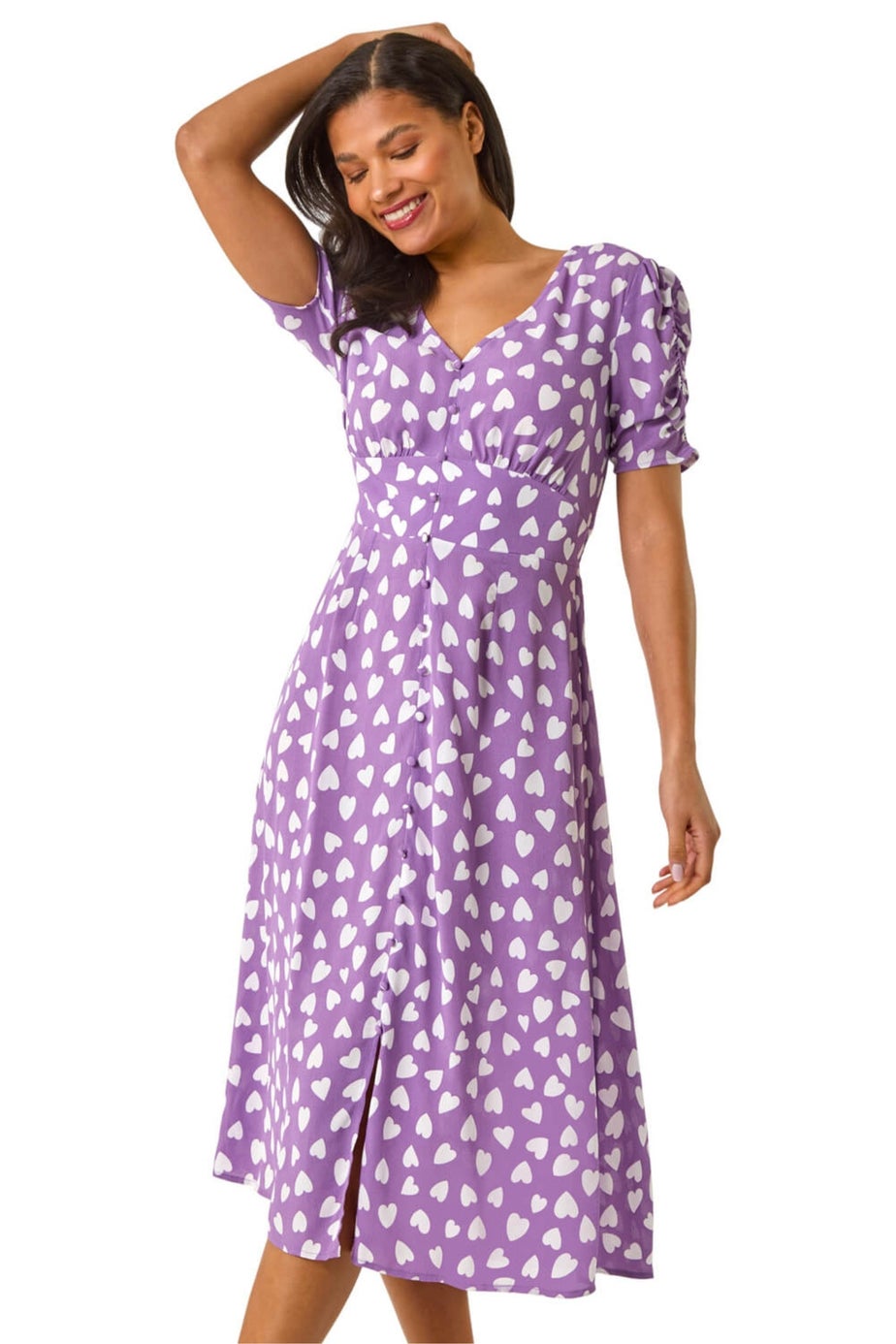 Roman Lilac Heart Print Ruched Midi Dress