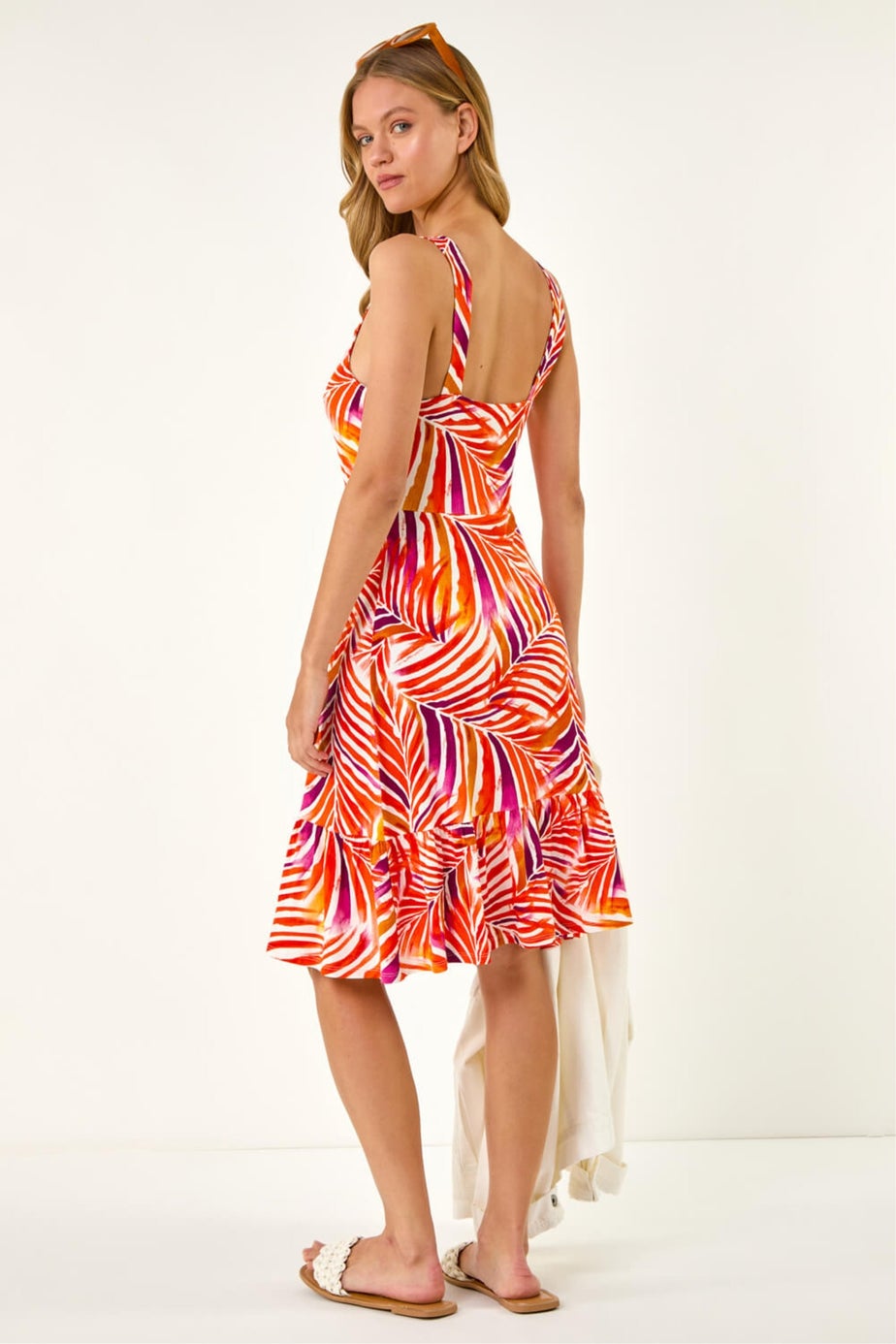 Roman Red Abstract Print V-Neck Frill Dress