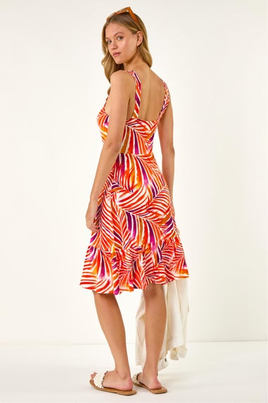 Roman Red Abstract Print V-Neck Frill Dress