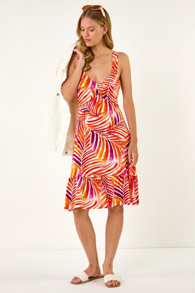 Roman Red Abstract Print V-Neck Frill Dress