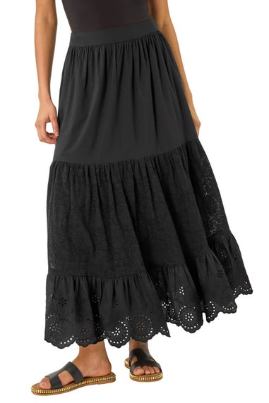 Dusk Black Dusk Tiered Broderie Maxi Skirt