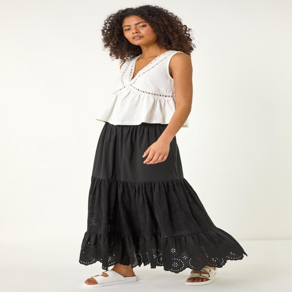 Dusk Black Dusk Tiered Broderie Maxi Skirt