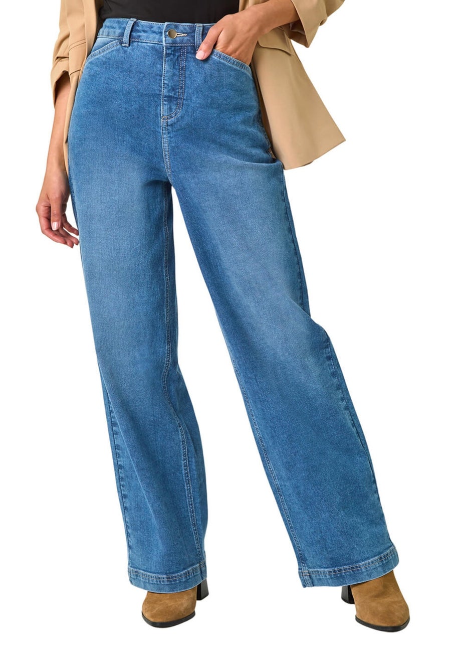 Roman Light Denim Cotton Blend Wide Leg Stretch Jeans