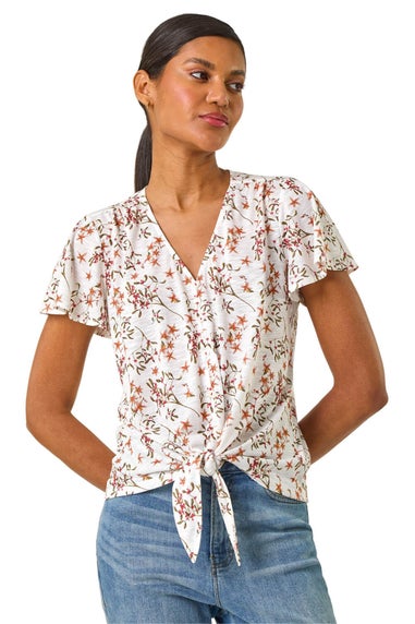 Roman Ivory Floral Buttoned Tie Hem Top