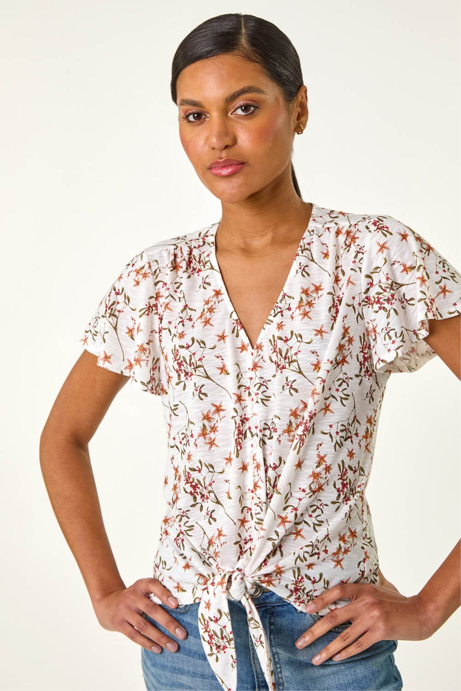 Roman Ivory Floral Buttoned Tie Hem Top