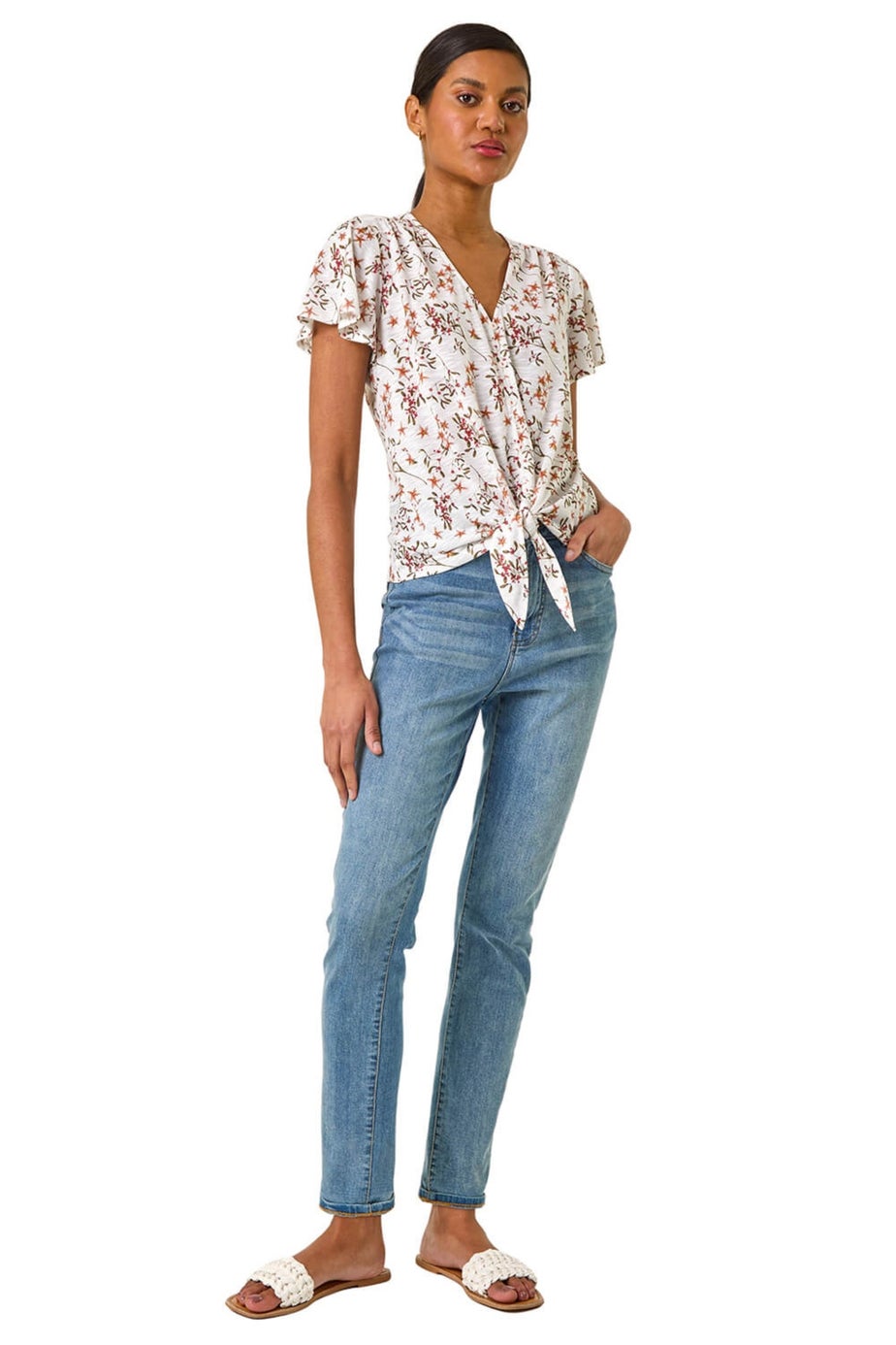 Roman Ivory Floral Buttoned Tie Hem Top