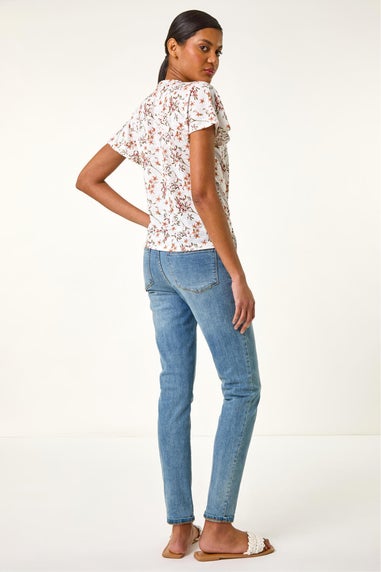 Roman Ivory Floral Buttoned Tie Hem Top