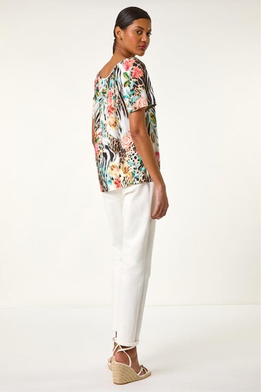 Roman Coral Animal Floral Notch Neck Top