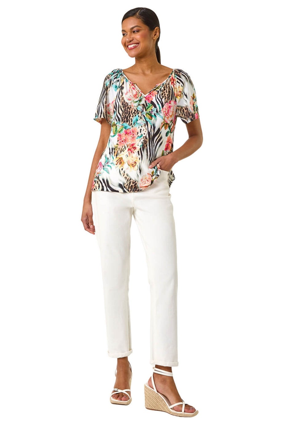 Roman Coral Animal Floral Notch Neck Top