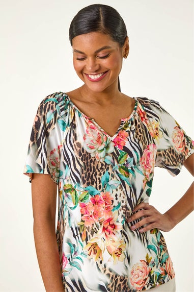 Roman Coral Animal Floral Notch Neck Top