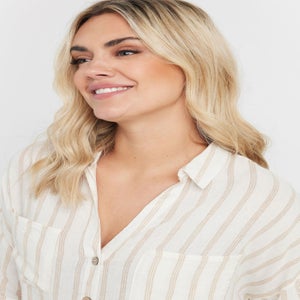 YOURS Curve Cream Short Sleeve Linen Stripe Shirt