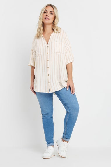 YOURS Curve Cream Short Sleeve Linen Stripe Shirt