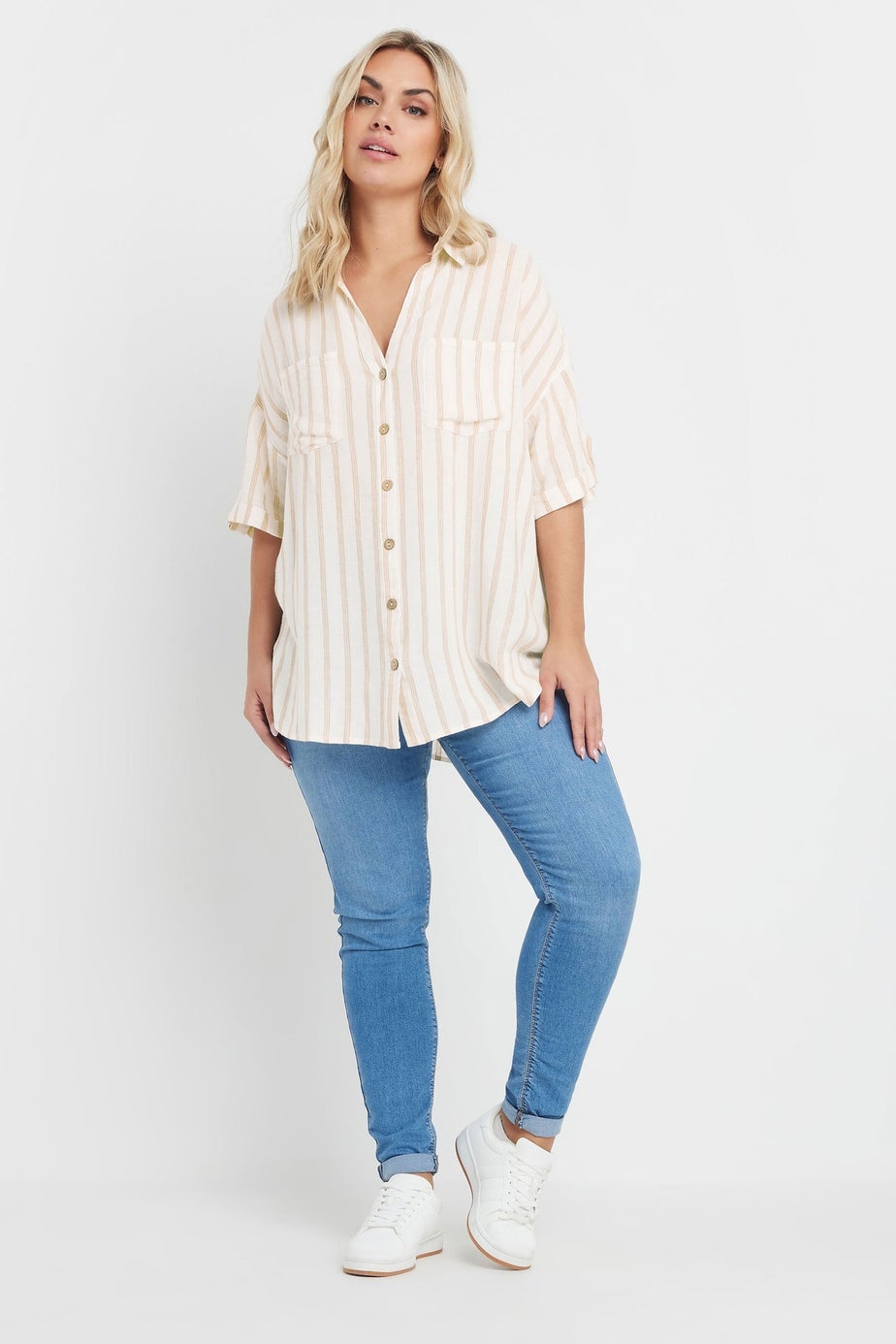 YOURS Curve Cream Short Sleeve Linen Stripe Shirt