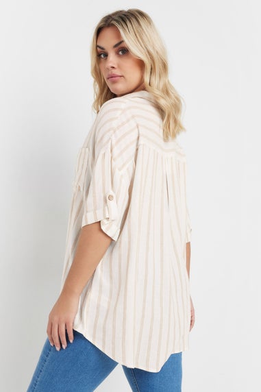 YOURS Curve Cream Short Sleeve Linen Stripe Shirt
