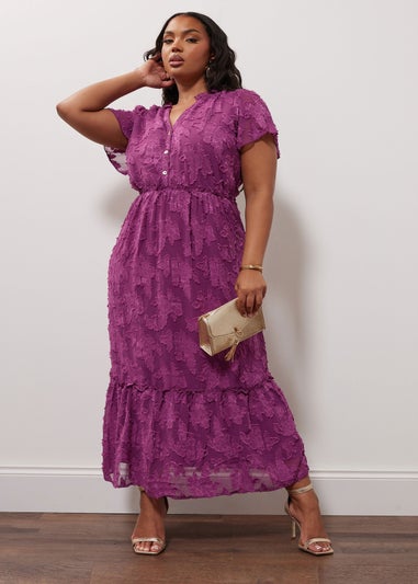 Yours London Curve Purple Burn Out Jacquard Ruffle Dress