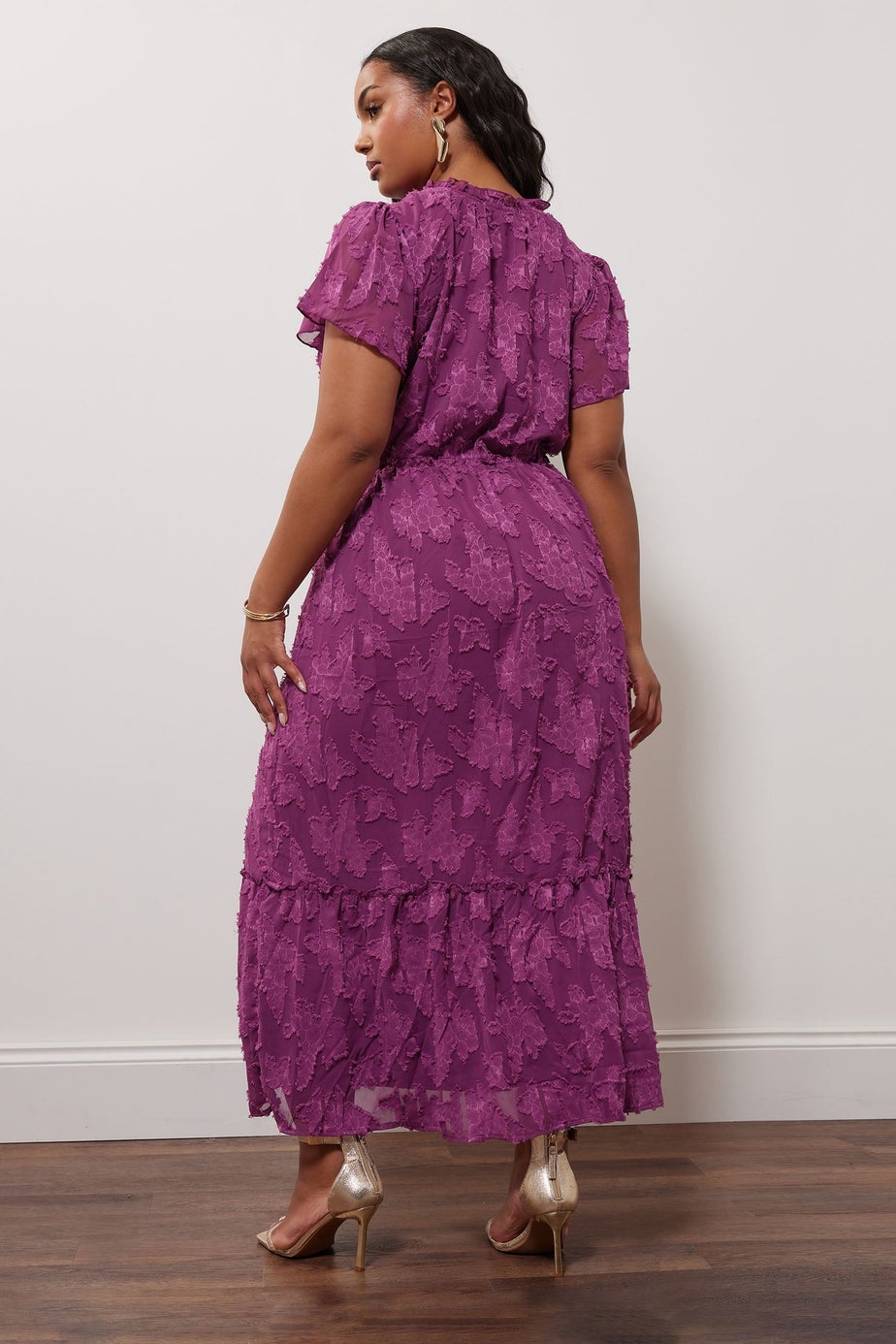 Yours London Curve Purple Burn Out Jacquard Ruffle Dress