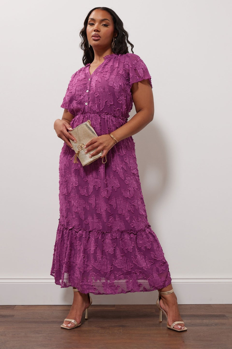 Yours London Curve Purple Burn Out Jacquard Ruffle Dress
