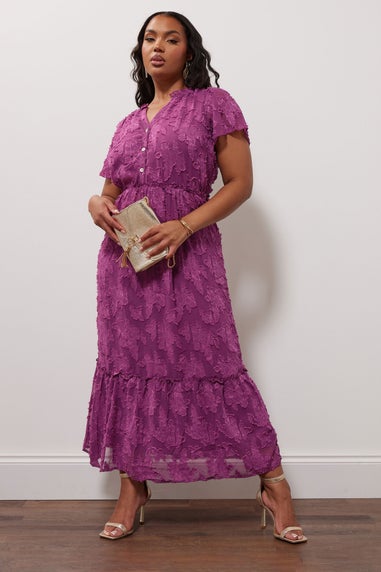 Yours London Curve Purple Burn Out Jacquard Ruffle Dress