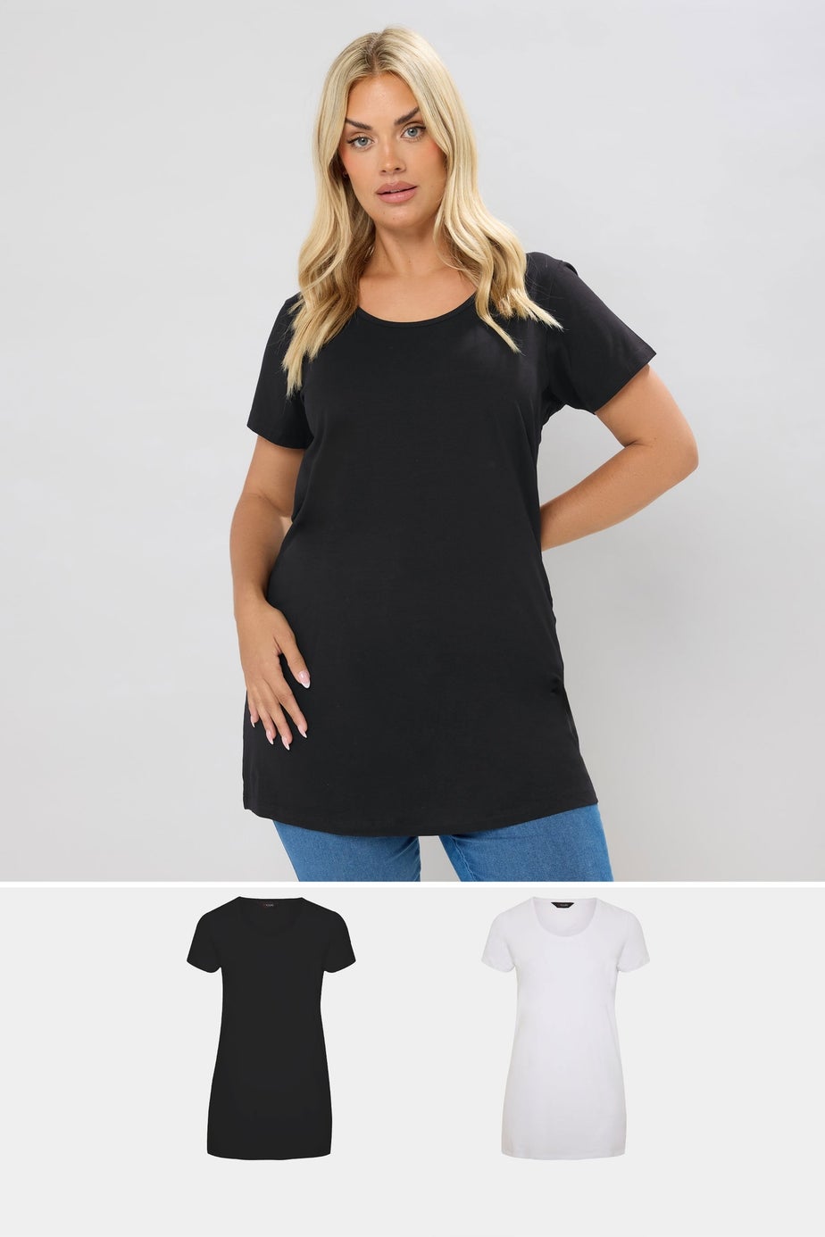 Yours Curve 2 Pack Black & White Longline T Shirts