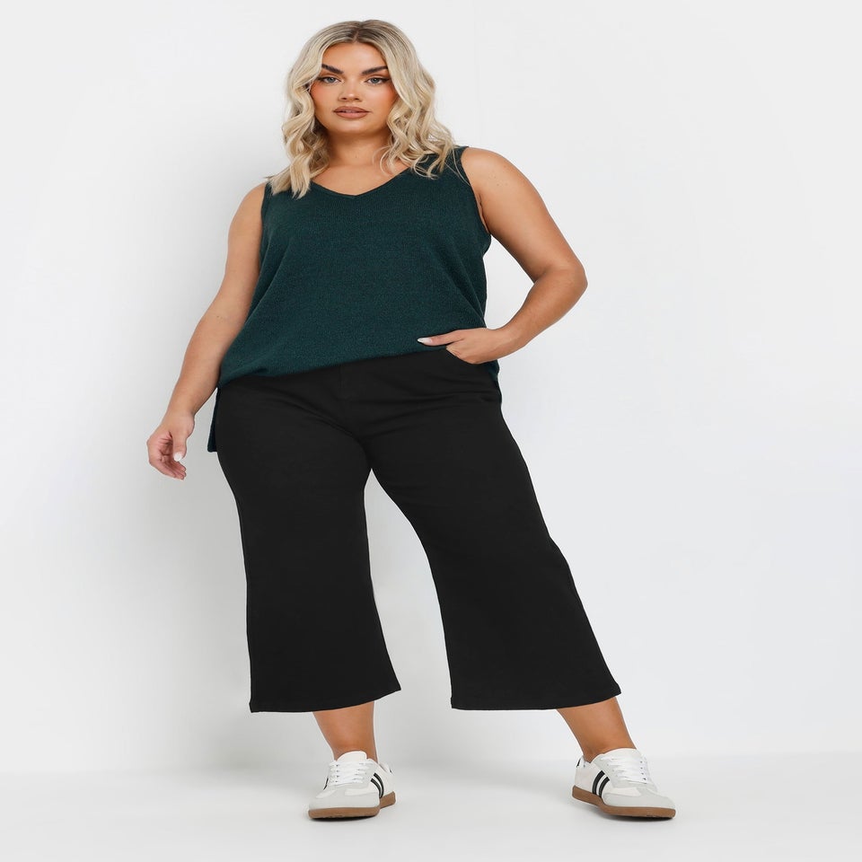 Yours Curve Black Wide Leg Cropped Denim Jeans
