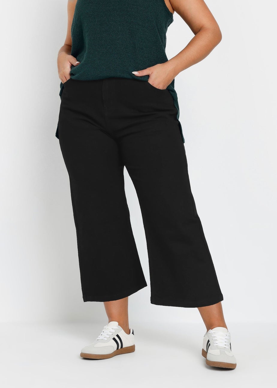 Yours Curve Black Wide Leg Cropped Denim Jeans