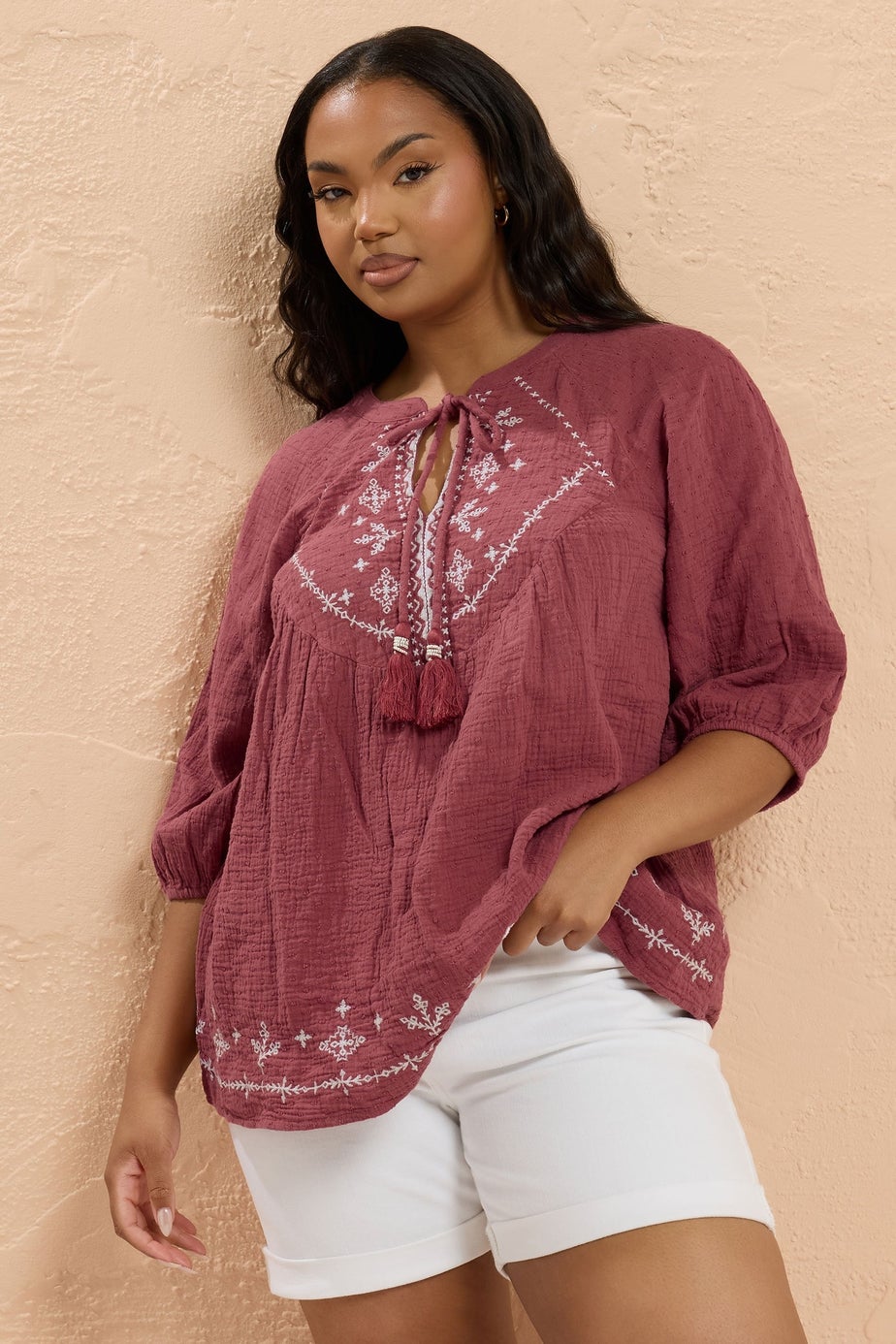YOURS Curve Dark Red Embroidered Tie Neck Blouse