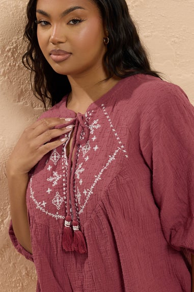 YOURS Curve Dark Red Embroidered Tie Neck Blouse