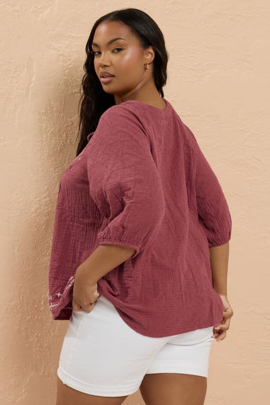 YOURS Curve Dark Red Embroidered Tie Neck Blouse