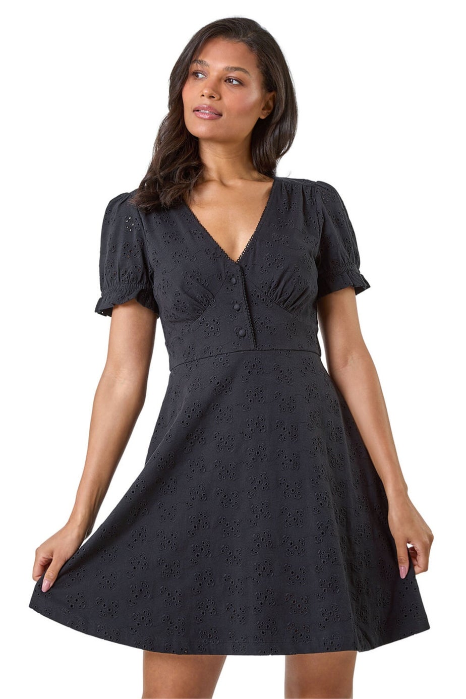 Roman Black Embroidered Cotton Stretch Jersey Frill Dress