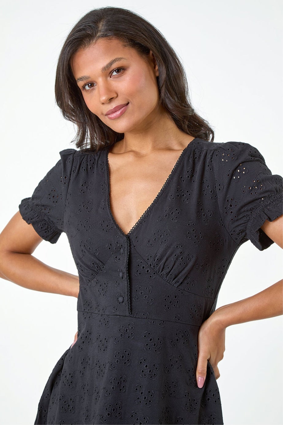 Roman Black Embroidered Cotton Stretch Jersey Frill Dress
