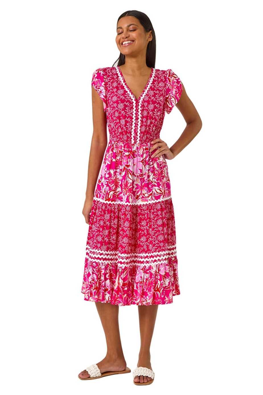 Roman Pink Floral Contrast Stitch Midi Dress