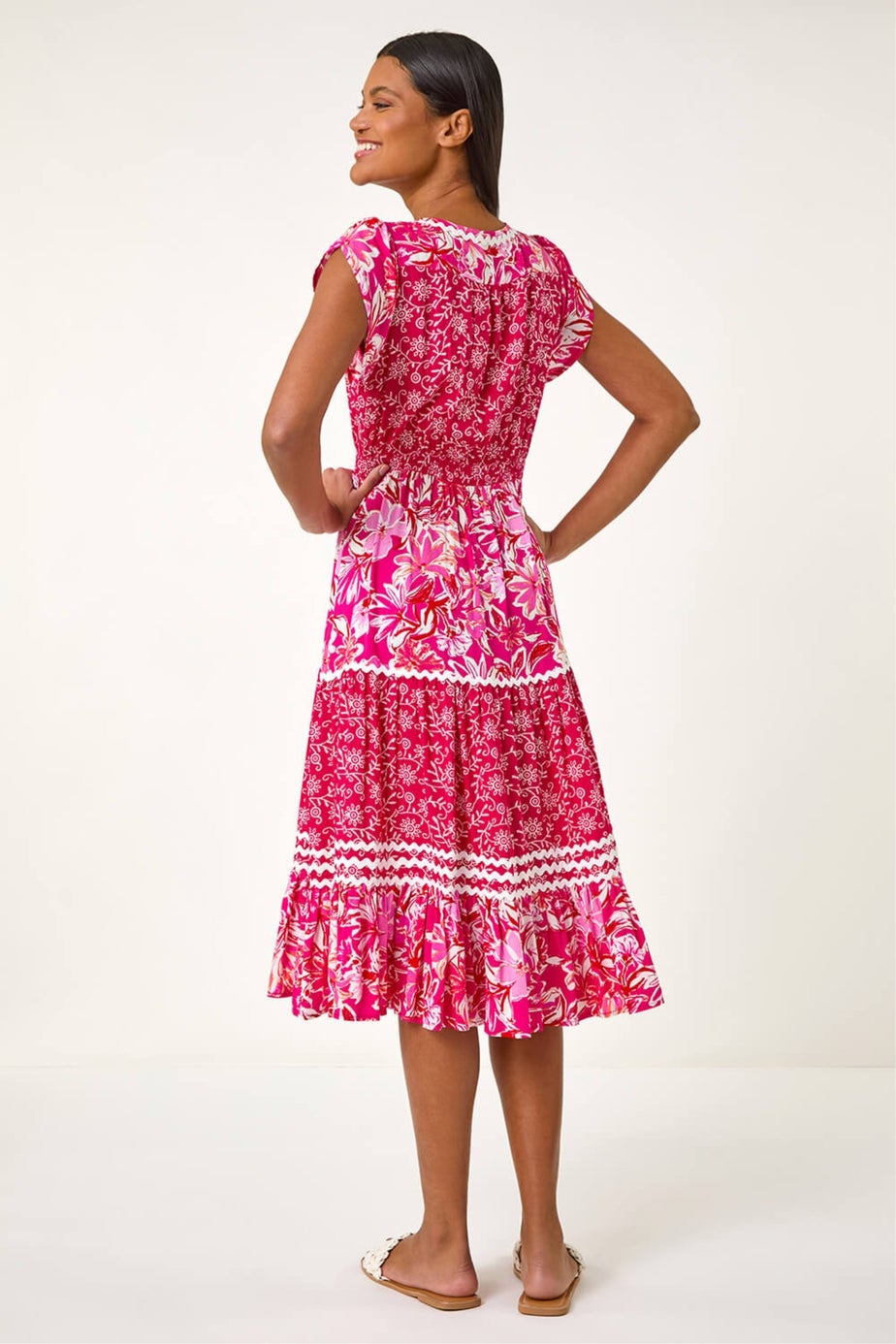 Roman Pink Floral Contrast Stitch Midi Dress