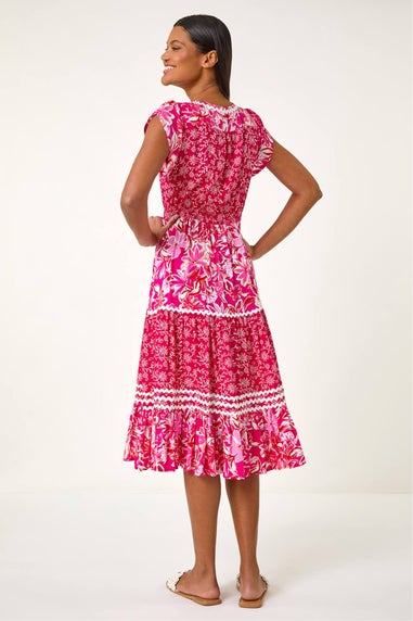 Roman Pink Floral Contrast Stitch Midi Dress