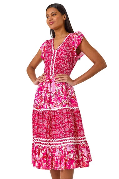 Roman Pink Floral Contrast Stitch Midi Dress