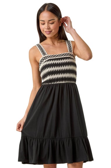 Roman Black Petite Crochet Bodice Strap Dress