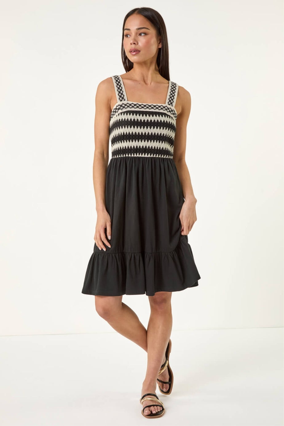 Roman Black Petite Crochet Bodice Strap Dress