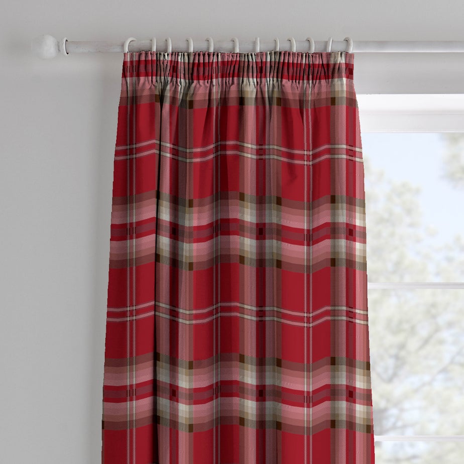 Catherine Lansfield Red Kelso Check Lined Pencil Pleat Curtains Two Panels