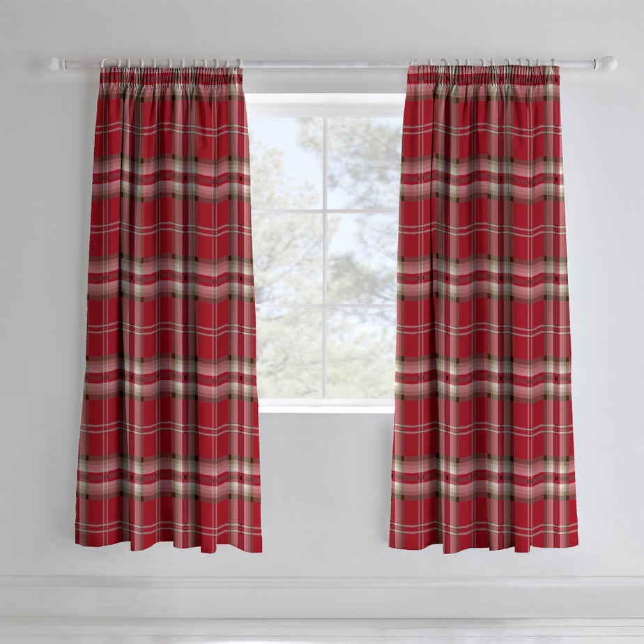 Catherine Lansfield Red Kelso Check Lined Pencil Pleat Curtains Two Panels