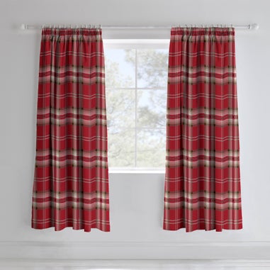 Catherine Lansfield Red Kelso Check Lined Pencil Pleat Curtains Two Panels