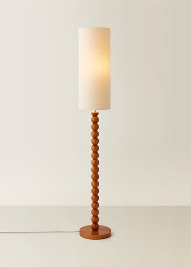 ValueLights Wyatt Linen Tall Lamp Shade Walnut Wood Bobbin Floor Lamp