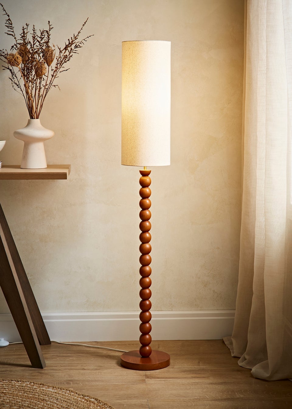 ValueLights Wyatt Linen Tall Lamp Shade Walnut Wood Bobbin Floor Lamp