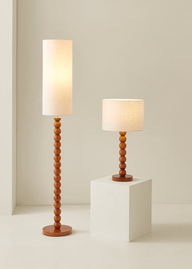 ValueLights Wyatt Linen Tall Lamp Shade Walnut Wood Bobbin Floor Lamp