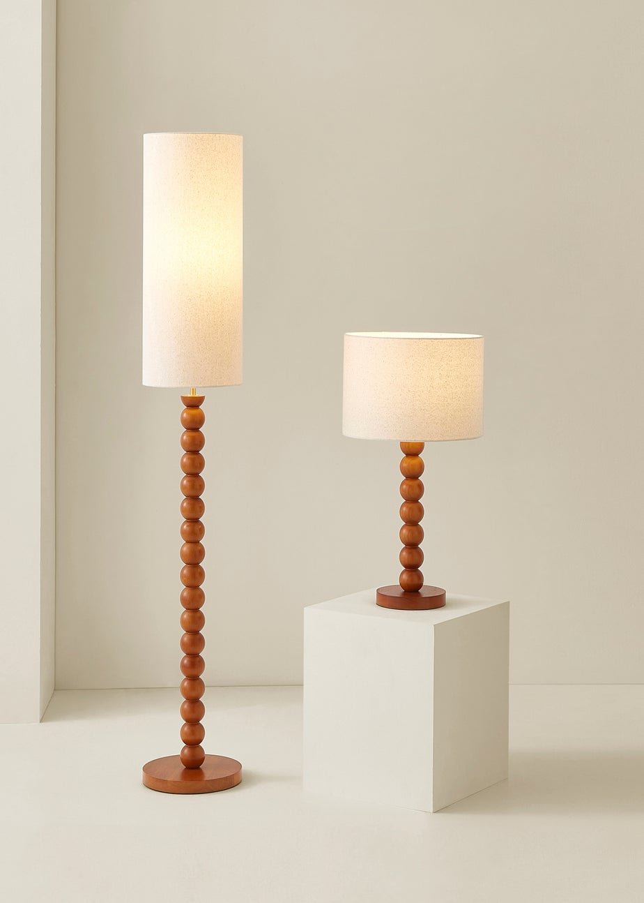 ValueLights Wyatt Linen Tall Lamp Shade Walnut Wood Bobbin Floor Lamp