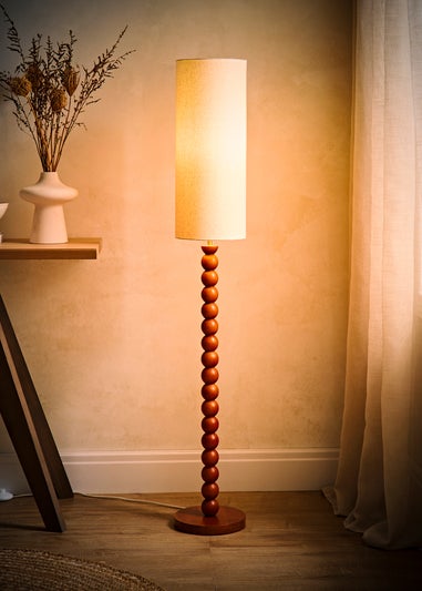 ValueLights Wyatt Linen Tall Lamp Shade Walnut Wood Bobbin Floor Lamp
