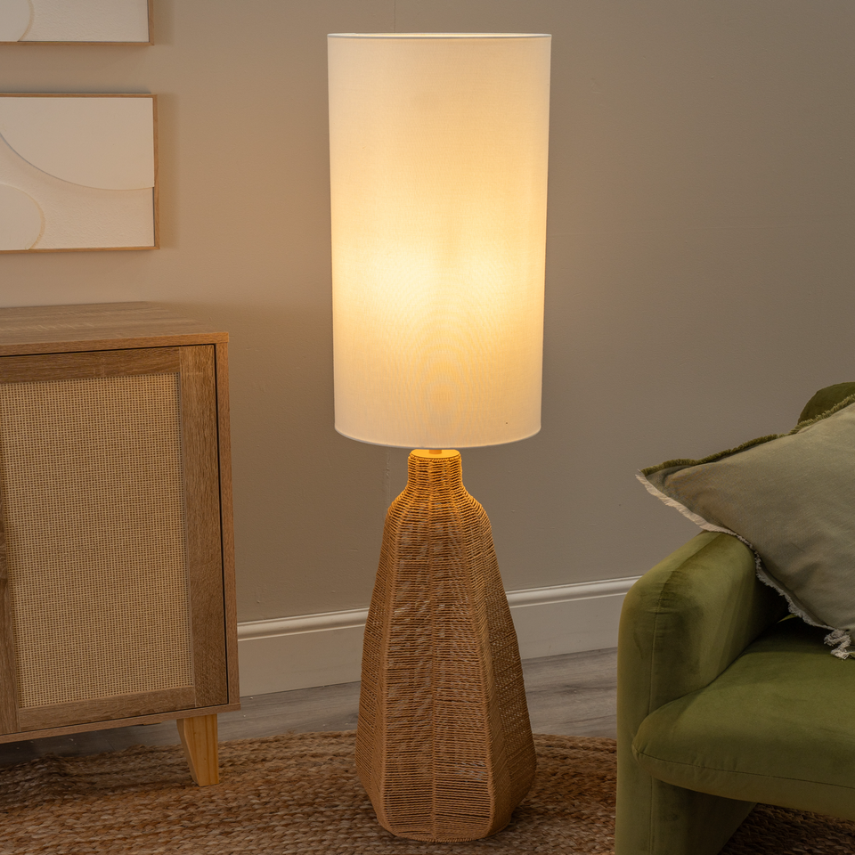 ValueLights Una White Tall Lamp Shade Rattan Midi Floor Lamp