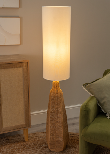 ValueLights Una White Tall Lamp Shade Rattan Midi Floor Lamp
