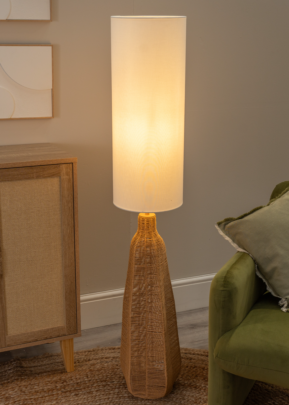 ValueLights Una White Tall Lamp Shade Rattan Midi Floor Lamp