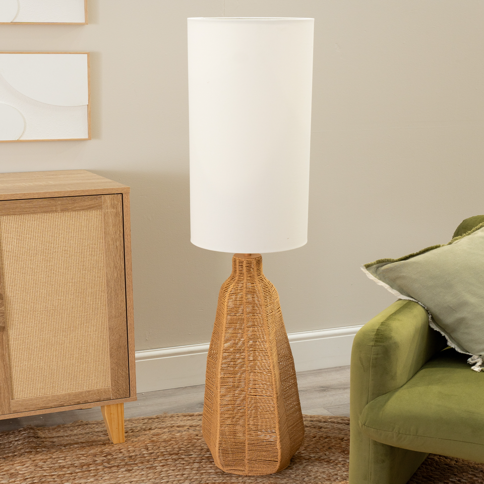 ValueLights Una White Tall Lamp Shade Rattan Midi Floor Lamp